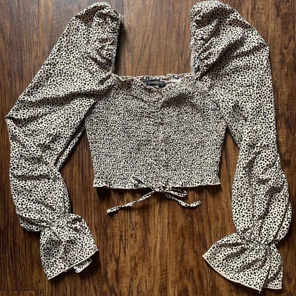 Hesperus XS Leopard Print Smocked Crop Top Puff Long Sleeve Square Neck Boho